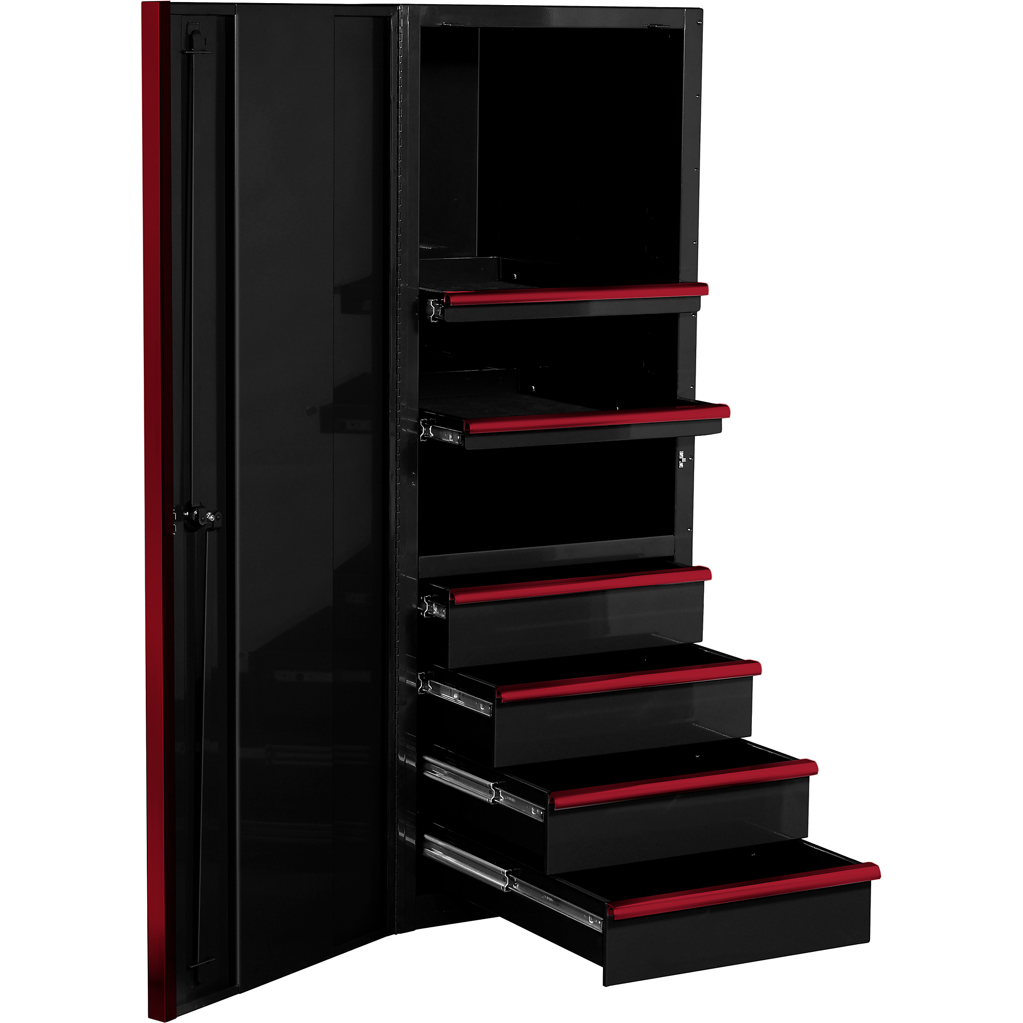 Extreme Tools EXQ Series EX2404SCQ 24" W x 30" D 4 Drawer and 3 Shelf Professional Side Cabinet - Black w Red Handles - Model # EX2404SCQBKRD